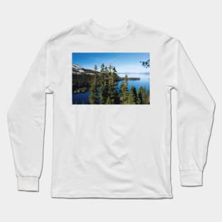 Trees At Lakeshore With Mountain Range In The Background Lake Tahoe Long Sleeve T-Shirt